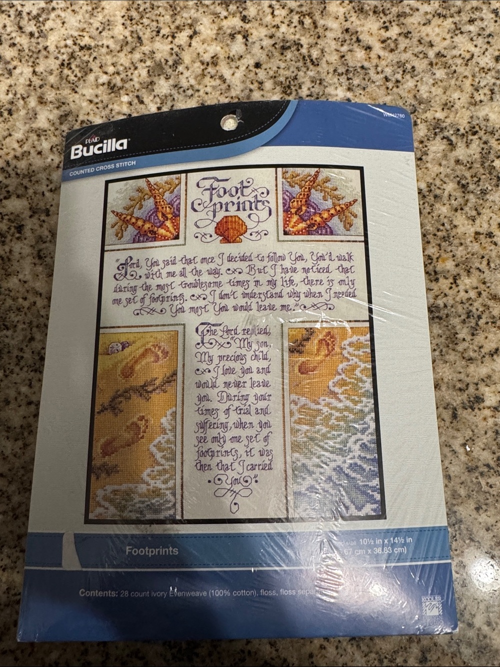 Bucilla Footprints Cross Stitch Panel in Blue, Cream, Gold and Brown